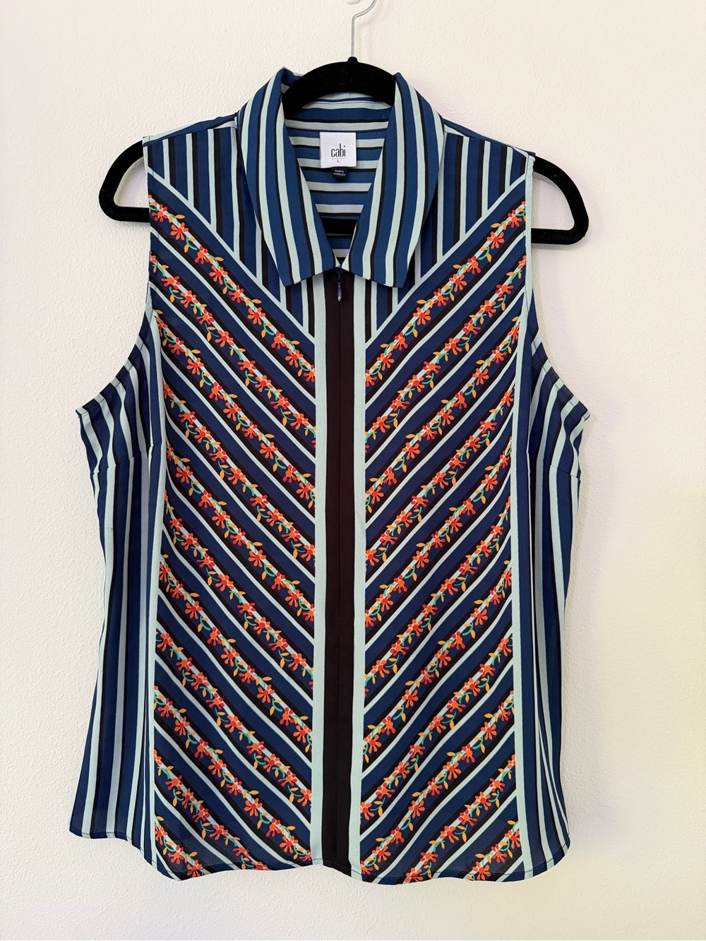 CAbi #6318 Navy & Light Blue Striped Floral-Trim Sleeveless Zip Top